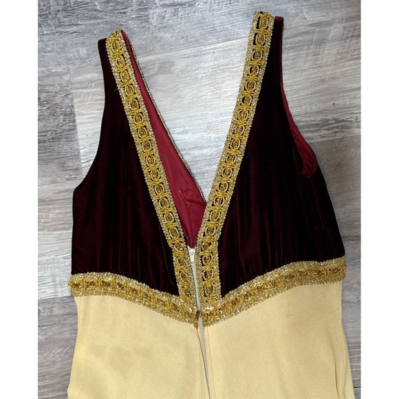 Vintage 70s Palazzo Jumpsuit Velvet Bodice Gold Trim Wide Leg Disco Boho Glam - Picture 11 of 16